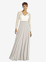 Front View Thumbnail - Oyster & Ivory Long Sleeve Illusion-Back Lace and Chiffon Dress