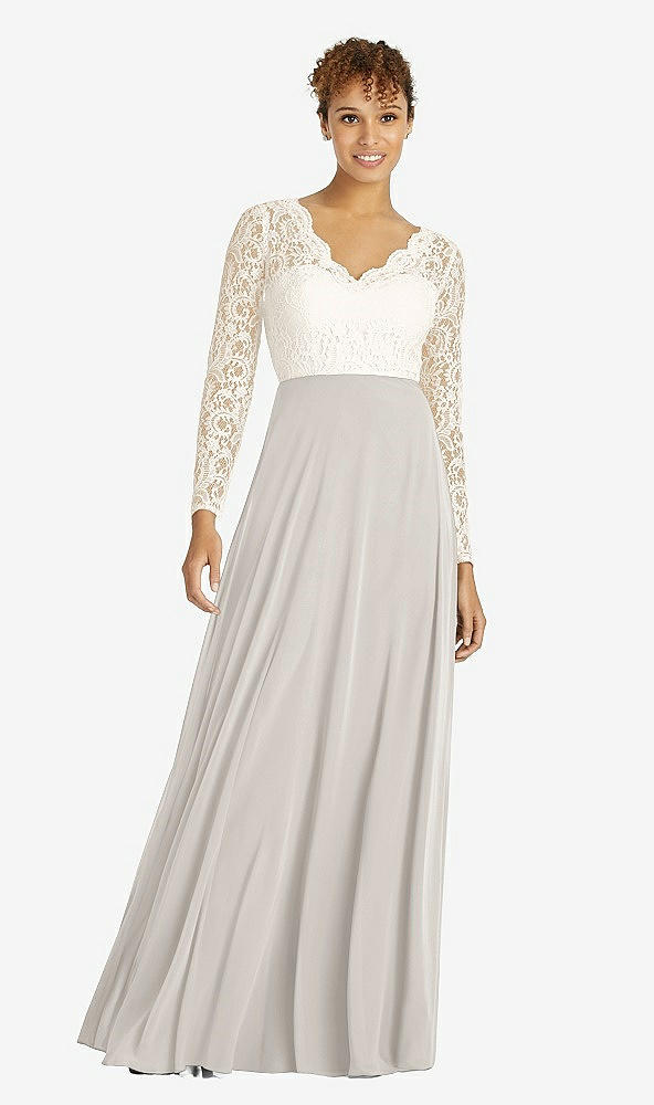 Front View - Oyster & Ivory Long Sleeve Illusion-Back Lace and Chiffon Dress