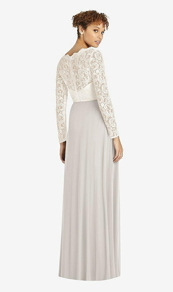 Back View - Oyster & Ivory Long Sleeve Illusion-Back Lace and Chiffon Dress