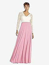 Front View Thumbnail - Peony Pink & Ivory Long Sleeve Illusion-Back Lace and Chiffon Dress