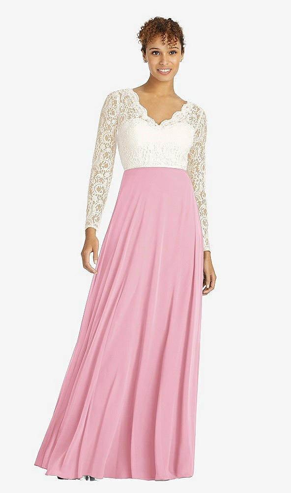Front View - Peony Pink & Ivory Long Sleeve Illusion-Back Lace and Chiffon Dress