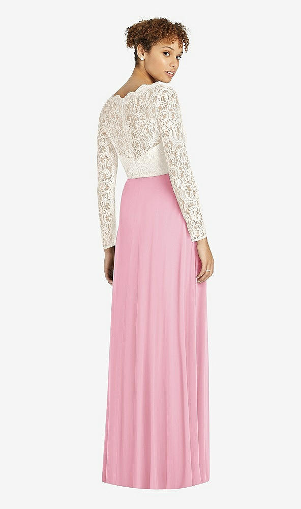 Back View - Peony Pink & Ivory Long Sleeve Illusion-Back Lace and Chiffon Dress