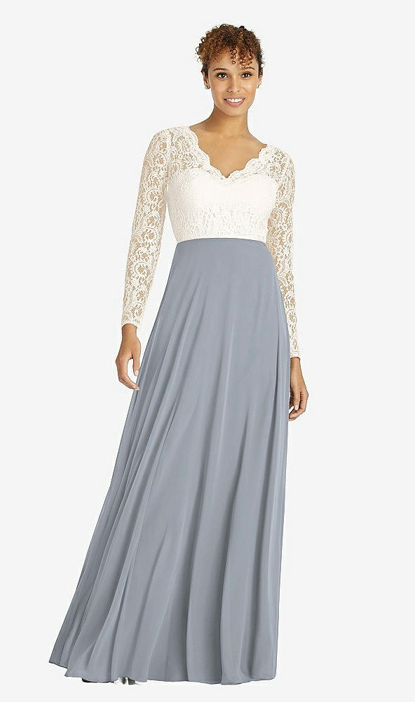 Front View - Platinum & Ivory Long Sleeve Illusion-Back Lace and Chiffon Dress