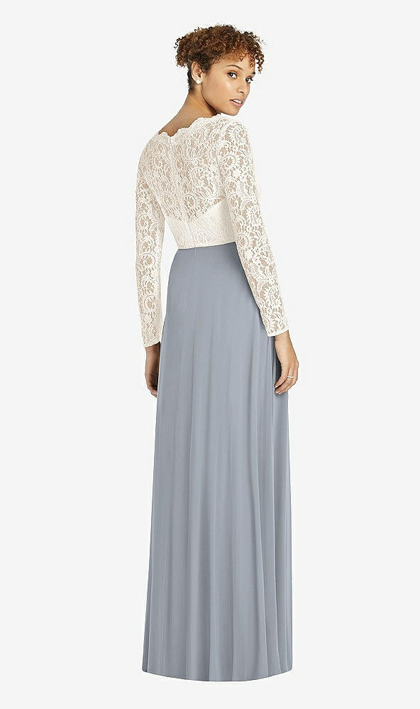 Back View - Platinum & Ivory Long Sleeve Illusion-Back Lace and Chiffon Dress