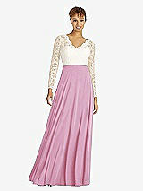 Front View Thumbnail - Powder Pink & Ivory Long Sleeve Illusion-Back Lace and Chiffon Dress