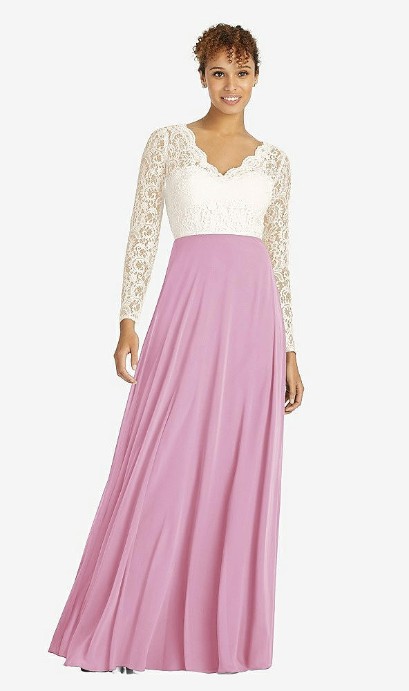 Front View - Powder Pink & Ivory Long Sleeve Illusion-Back Lace and Chiffon Dress