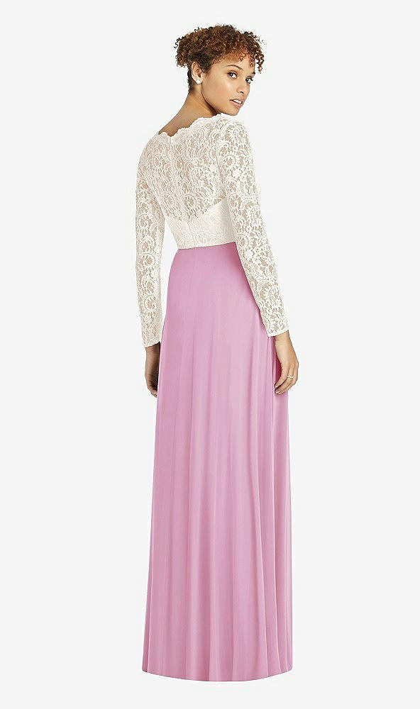 Back View - Powder Pink & Ivory Long Sleeve Illusion-Back Lace and Chiffon Dress
