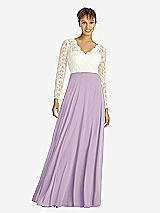 Front View Thumbnail - Pale Purple & Ivory Long Sleeve Illusion-Back Lace and Chiffon Dress