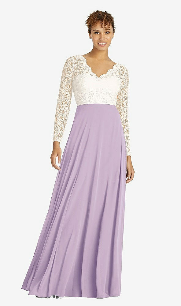 Front View - Pale Purple & Ivory Long Sleeve Illusion-Back Lace and Chiffon Dress