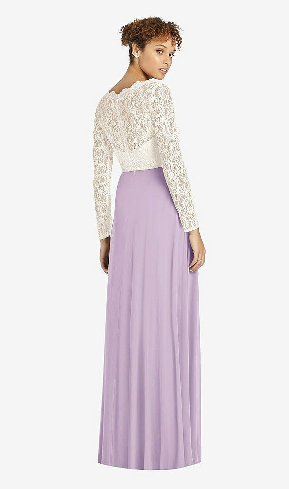 Back View - Pale Purple & Ivory Long Sleeve Illusion-Back Lace and Chiffon Dress