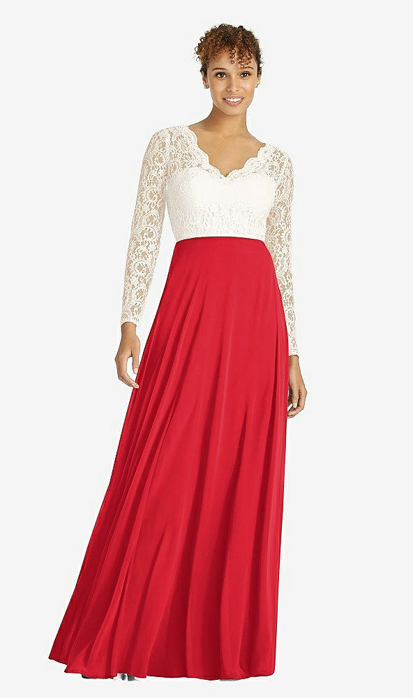 Front View - Parisian Red & Ivory Long Sleeve Illusion-Back Lace and Chiffon Dress