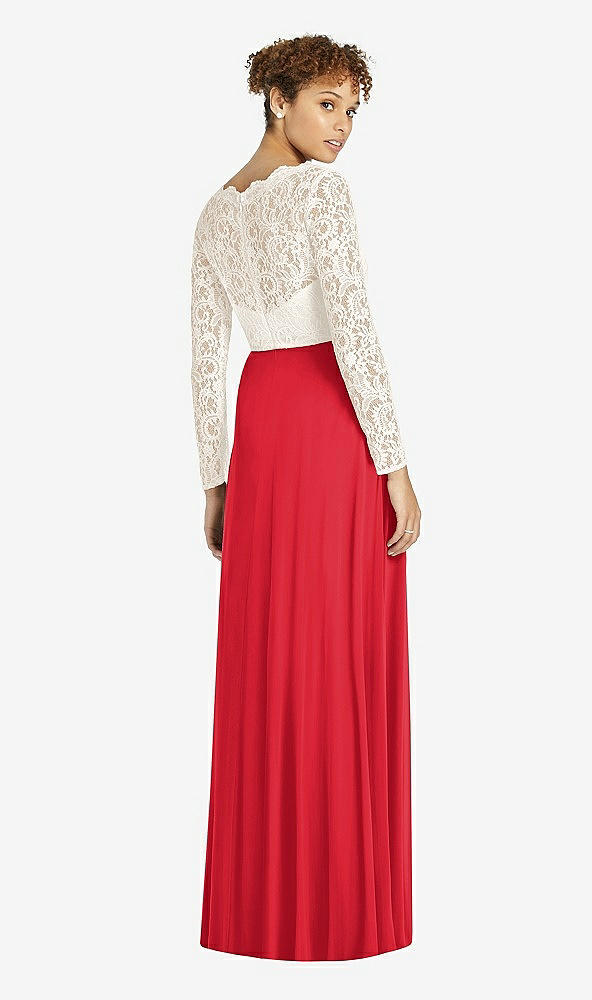 Back View - Parisian Red & Ivory Long Sleeve Illusion-Back Lace and Chiffon Dress