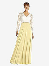 Front View Thumbnail - Pale Yellow & Ivory Long Sleeve Illusion-Back Lace and Chiffon Dress