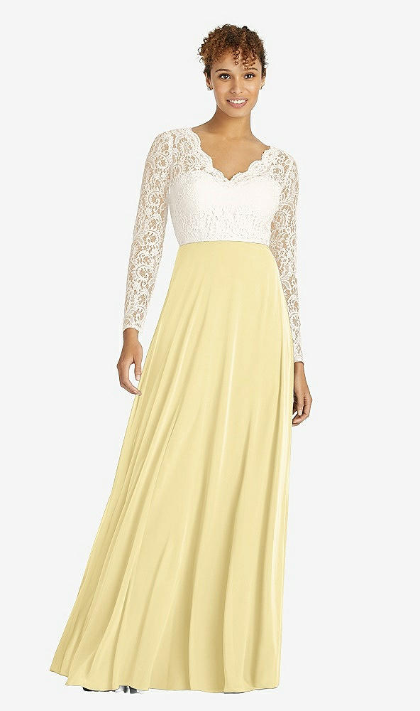 Front View - Pale Yellow & Ivory Long Sleeve Illusion-Back Lace and Chiffon Dress