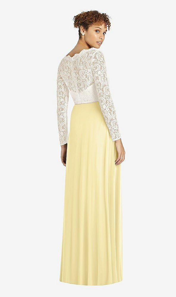 Back View - Pale Yellow & Ivory Long Sleeve Illusion-Back Lace and Chiffon Dress