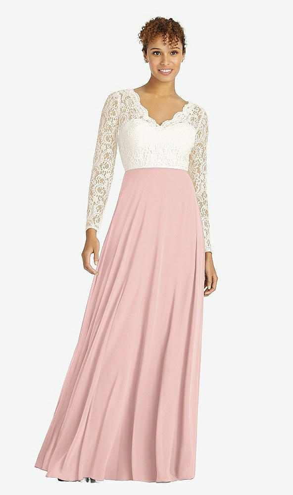 Front View - Rose - PANTONE Rose Quartz & Ivory Long Sleeve Illusion-Back Lace and Chiffon Dress