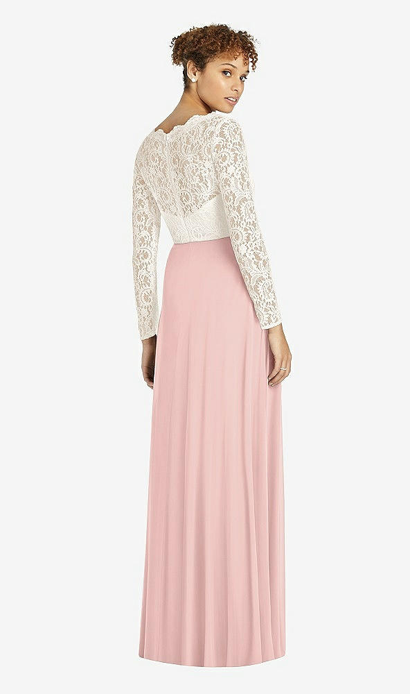 Back View - Rose - PANTONE Rose Quartz & Ivory Long Sleeve Illusion-Back Lace and Chiffon Dress