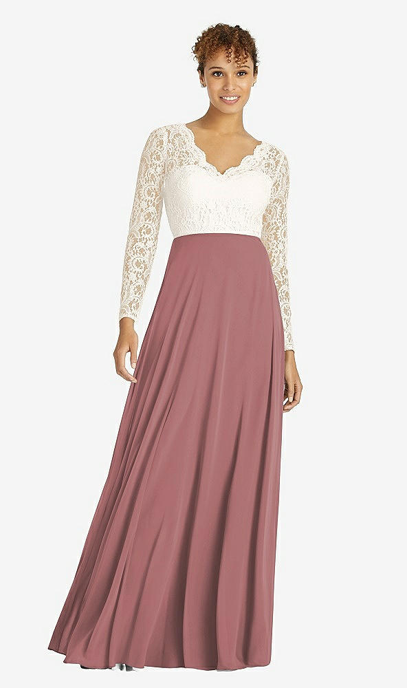 Front View - Rosewood & Ivory Long Sleeve Illusion-Back Lace and Chiffon Dress