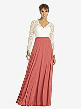 Front View Thumbnail - Coral Pink & Ivory Long Sleeve Illusion-Back Lace and Chiffon Dress