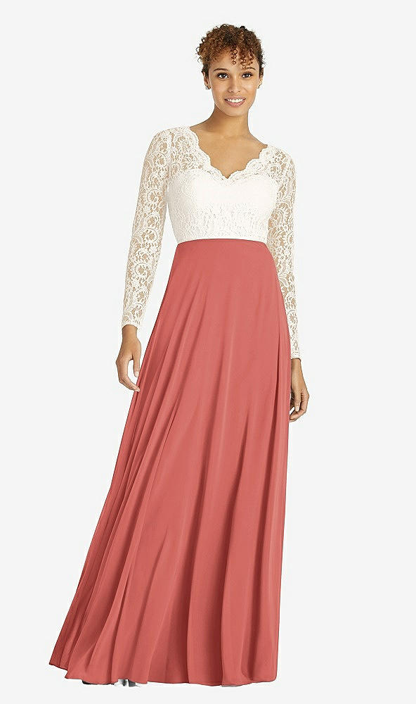 Front View - Coral Pink & Ivory Long Sleeve Illusion-Back Lace and Chiffon Dress