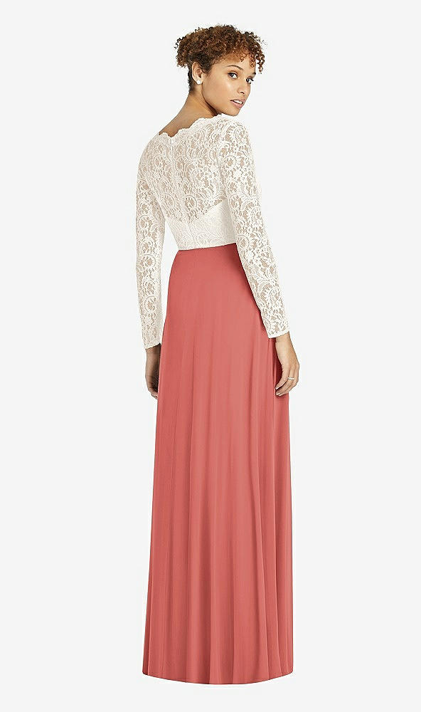 Back View - Coral Pink & Ivory Long Sleeve Illusion-Back Lace and Chiffon Dress