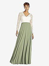 Front View Thumbnail - Sage & Ivory Long Sleeve Illusion-Back Lace and Chiffon Dress