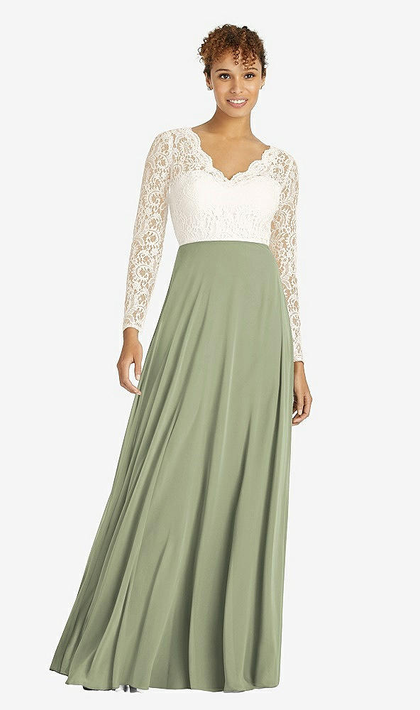 Front View - Sage & Ivory Long Sleeve Illusion-Back Lace and Chiffon Dress
