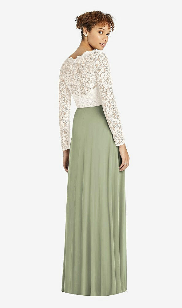 Back View - Sage & Ivory Long Sleeve Illusion-Back Lace and Chiffon Dress