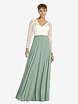 Front View Thumbnail - Seagrass & Ivory Long Sleeve Illusion-Back Lace and Chiffon Dress