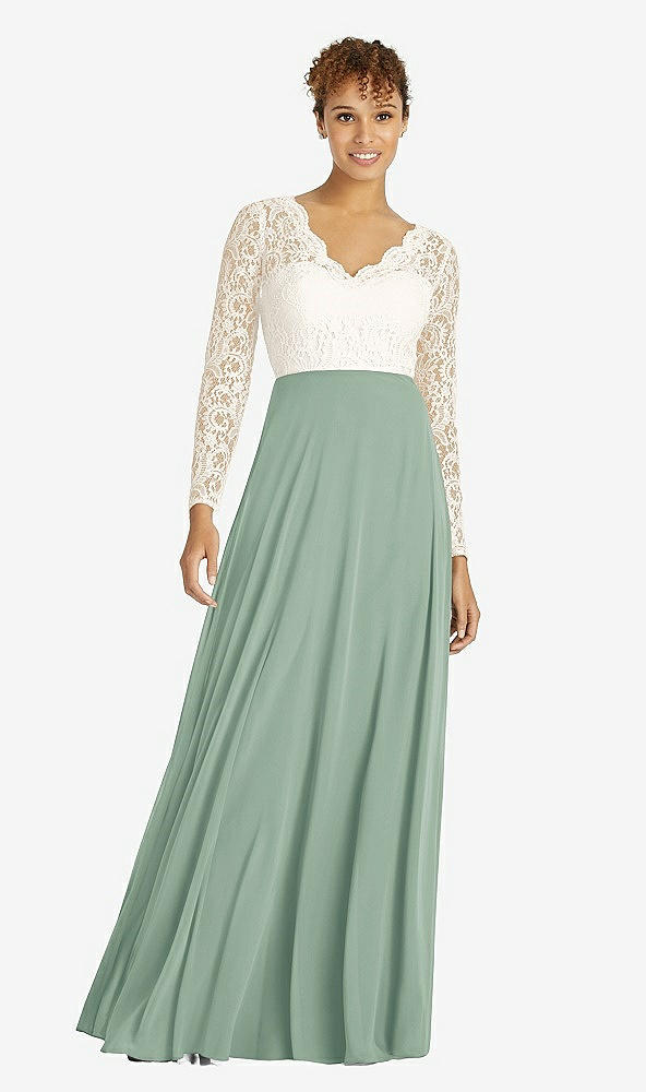 Front View - Seagrass & Ivory Long Sleeve Illusion-Back Lace and Chiffon Dress