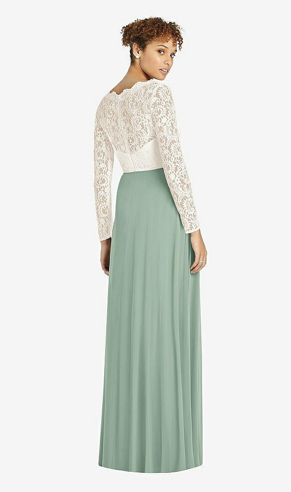 Back View - Seagrass & Ivory Long Sleeve Illusion-Back Lace and Chiffon Dress