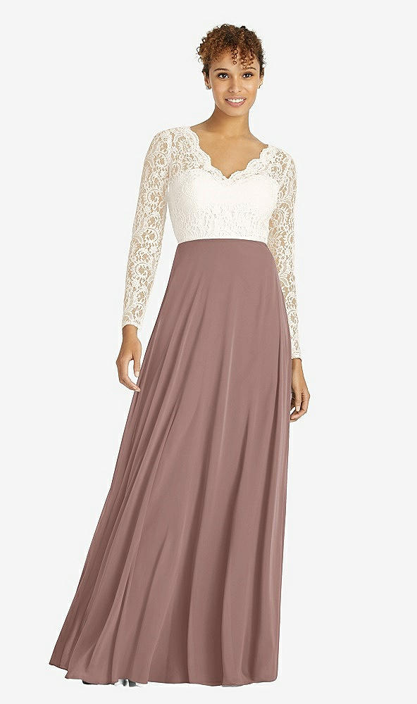 Front View - Sienna & Ivory Long Sleeve Illusion-Back Lace and Chiffon Dress