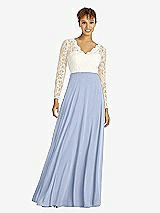 Front View Thumbnail - Sky Blue & Ivory Long Sleeve Illusion-Back Lace and Chiffon Dress