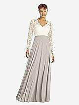 Front View Thumbnail - Taupe & Ivory Long Sleeve Illusion-Back Lace and Chiffon Dress