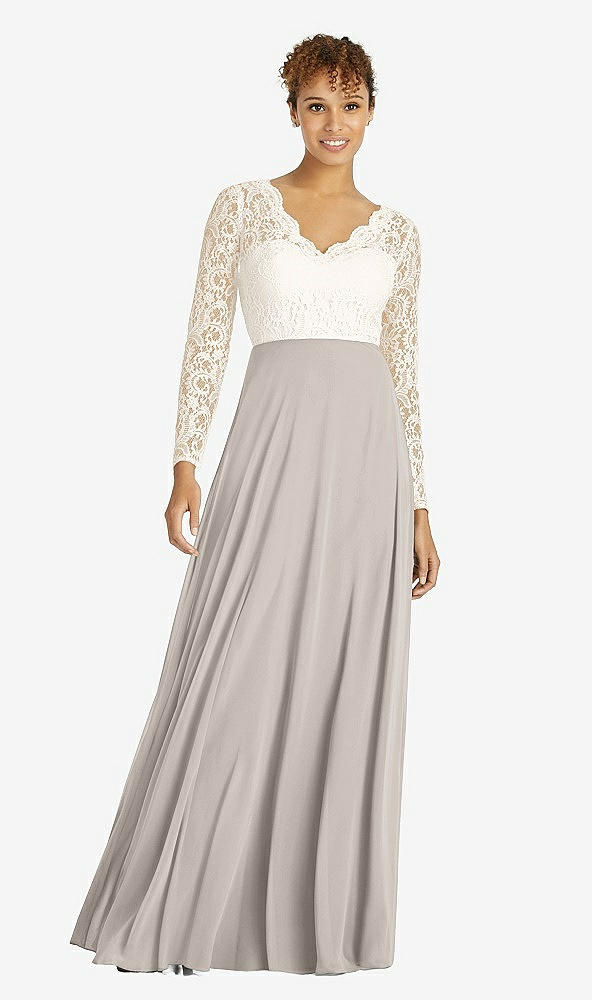 Front View - Taupe & Ivory Long Sleeve Illusion-Back Lace and Chiffon Dress