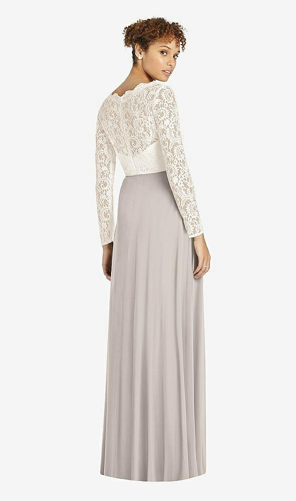 Back View - Taupe & Ivory Long Sleeve Illusion-Back Lace and Chiffon Dress