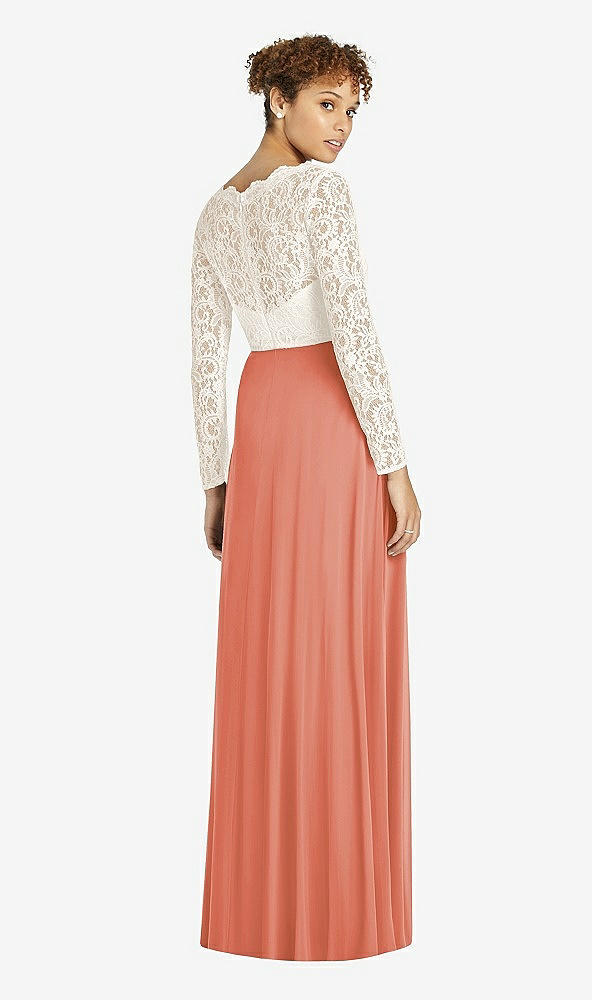 Back View - Terracotta Copper & Ivory Long Sleeve Illusion-Back Lace and Chiffon Dress