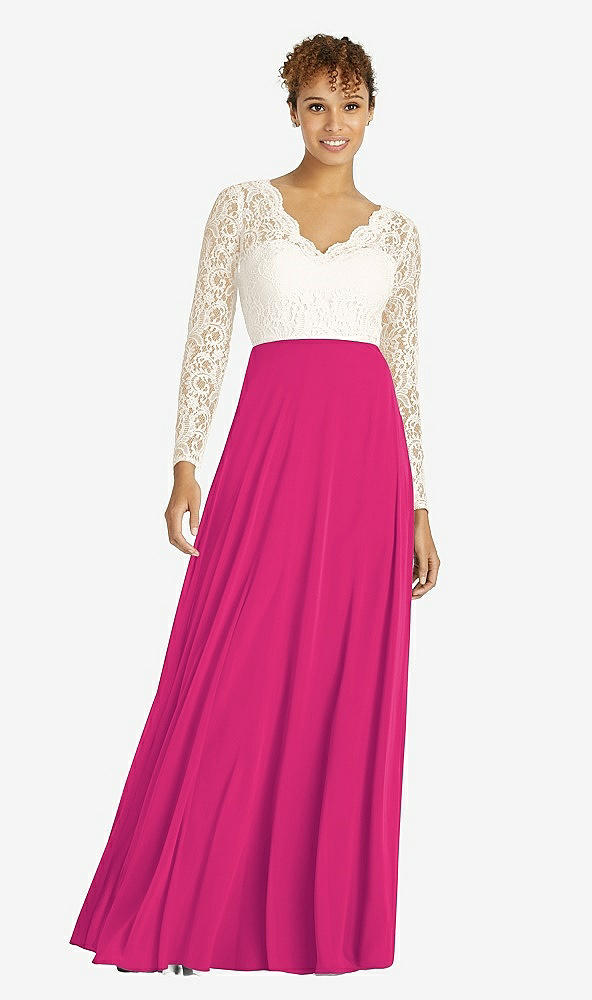 Front View - Think Pink & Ivory Long Sleeve Illusion-Back Lace and Chiffon Dress