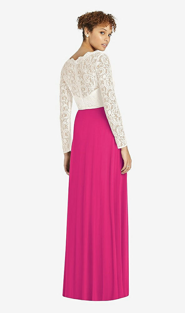Back View - Think Pink & Ivory Long Sleeve Illusion-Back Lace and Chiffon Dress
