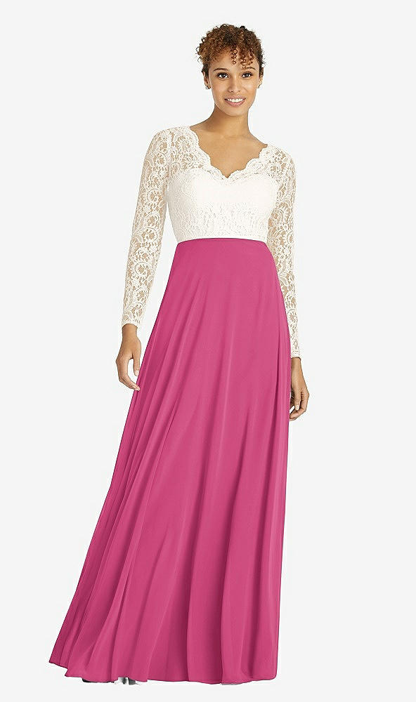 Front View - Tea Rose & Ivory Long Sleeve Illusion-Back Lace and Chiffon Dress
