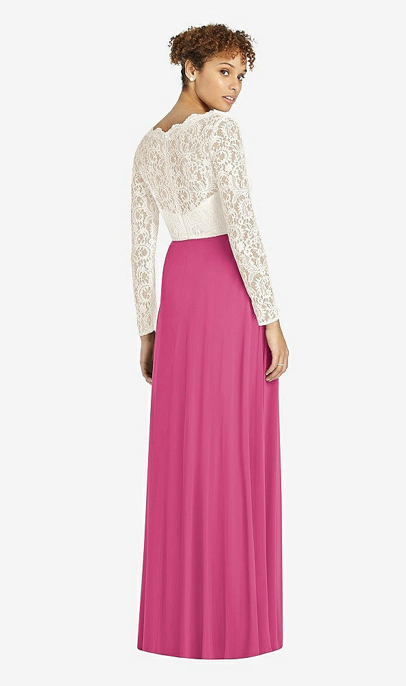 Back View - Tea Rose & Ivory Long Sleeve Illusion-Back Lace and Chiffon Dress