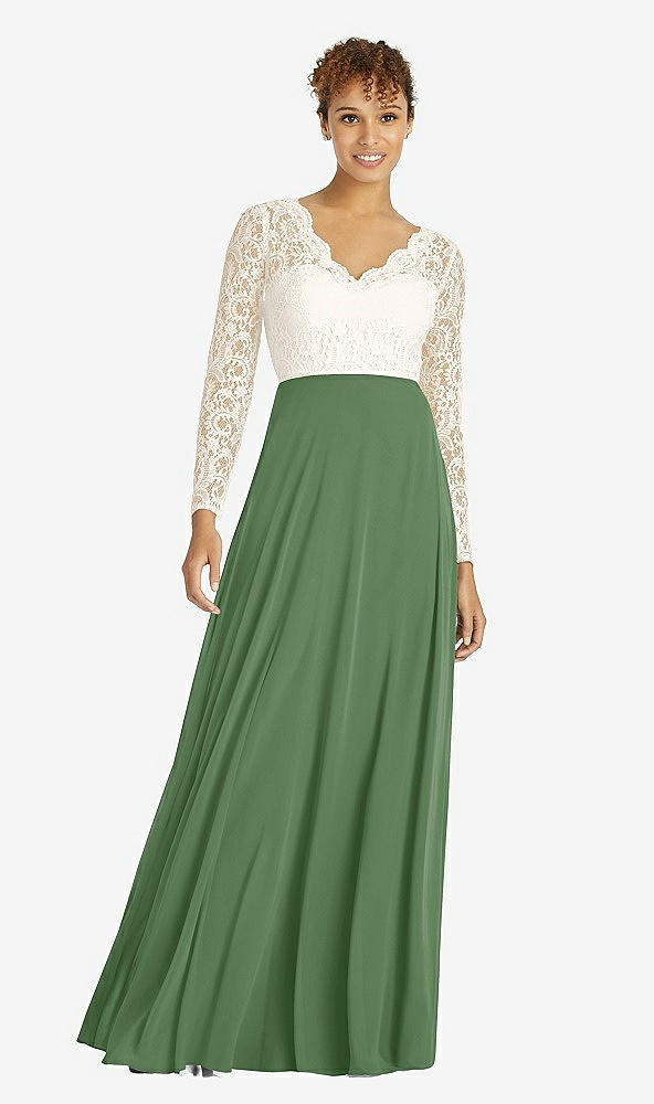 Front View - Vineyard Green & Ivory Long Sleeve Illusion-Back Lace and Chiffon Dress