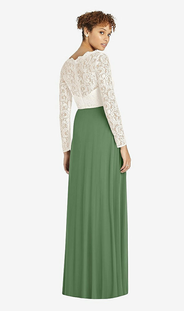 Back View - Vineyard Green & Ivory Long Sleeve Illusion-Back Lace and Chiffon Dress