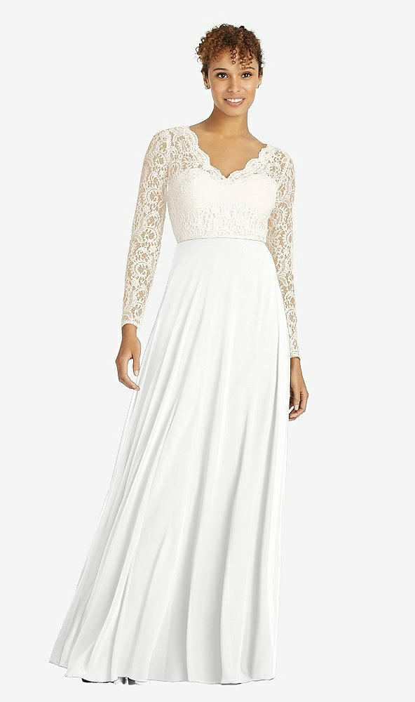 Front View - White & Ivory Long Sleeve Illusion-Back Lace and Chiffon Dress