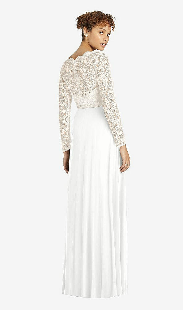 Back View - White & Ivory Long Sleeve Illusion-Back Lace and Chiffon Dress