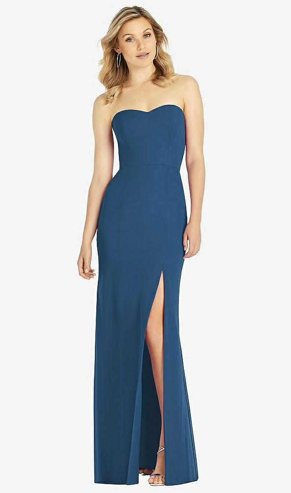 Front View - Dusk Blue Strapless Chiffon Trumpet Gown with Front Slit
