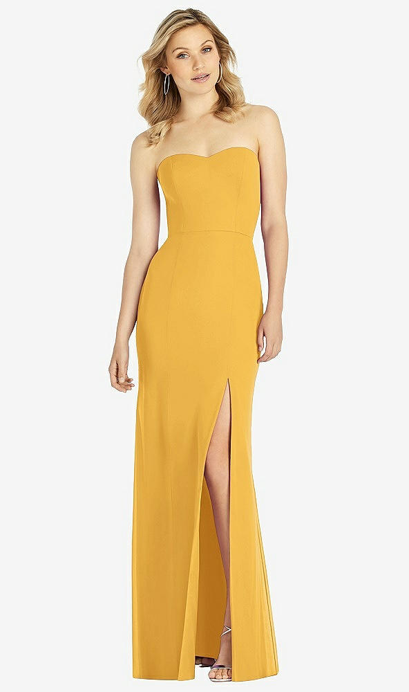 Front View - NYC Yellow Strapless Chiffon Trumpet Gown with Front Slit