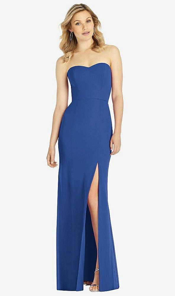 Front View - Classic Blue Strapless Chiffon Trumpet Gown with Front Slit