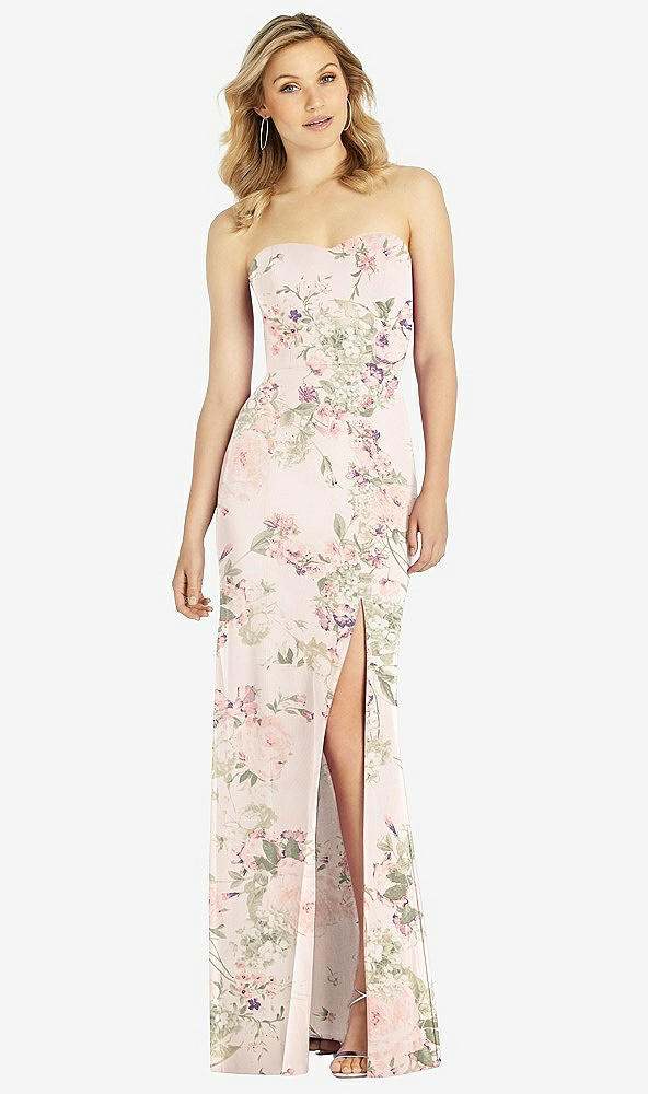 Front View - Blush Garden Strapless Chiffon Trumpet Gown with Front Slit