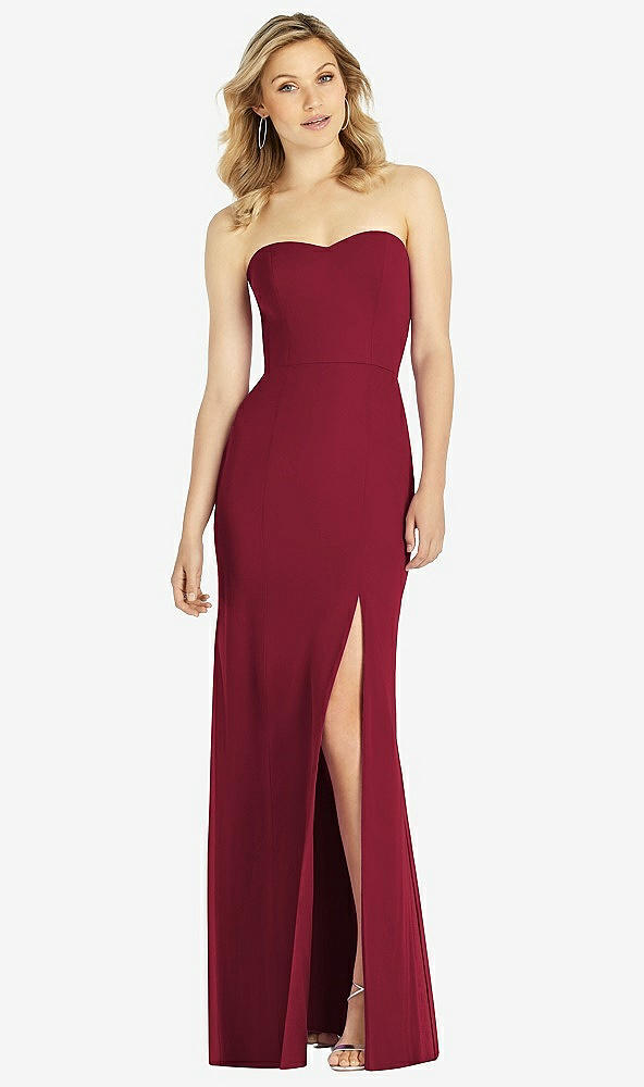 Front View - Burgundy Strapless Chiffon Trumpet Gown with Front Slit